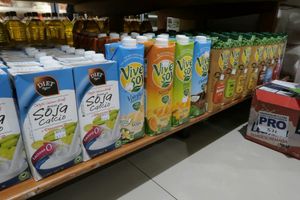 Different soy milks at Proinsular Market in Puerto Ayora