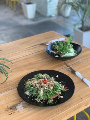 magic mushrooms & savoury waffle (all gf, vegan) at Two Trees Eatery in Tibubeneng