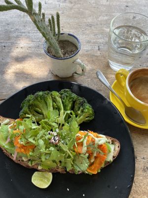 “Salm salm” but different-Smokey cured carrot on whole grain sourdough with cashew tofu tzatziki, pickled onions, watercress, cucumber, avocado, fresh dill +side grilled brocco at Two Trees Eatery in Tibubeneng