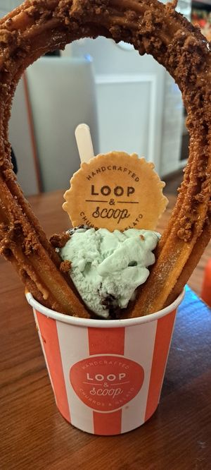 Biscoff churro loop, with biscoff ice cream and mint ice cream at Loop & Scoop in Glasgow