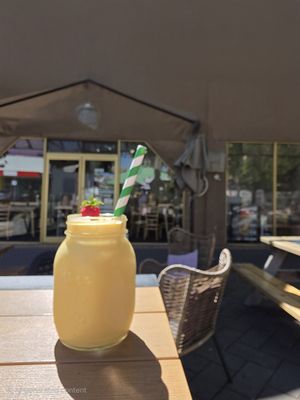 Mango smoothie with coconut yoghurt and oat milk at Cafe Chickpea in Horsham