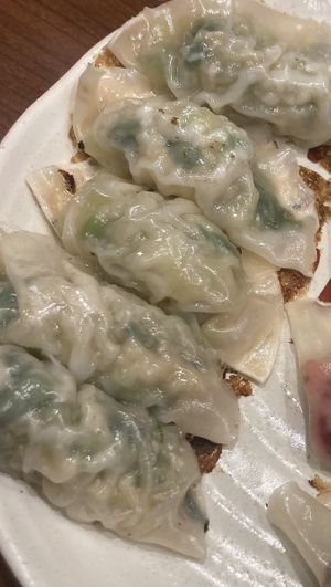 Vegan gyoza on left. Vegetarian gyoza on right    at Chao Chao Gyoza Shijo-Kawaramachi in Kyoto