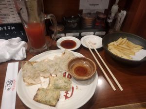 Vegan gyoza with fries and a red eye cocktail at Chao Chao Gyoza Shijo-Kawaramachi in Kyoto