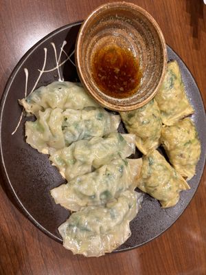 Vegetable gyoza (left) & yuba gyoza (right)    at Chao Chao Gyoza Shijo-Kawaramachi in Kyoto