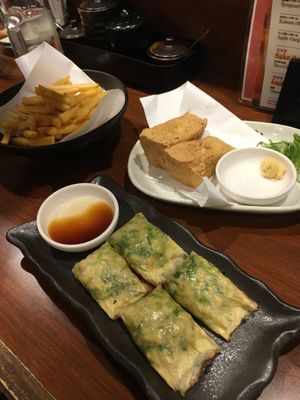 Yuba gyoza, fried tofu, potato fries  at Chao Chao Gyoza Shijo-Kawaramachi in Kyoto