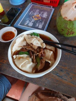 Vegan dumpling noodle soup at Ecran Noodles in Kampot
