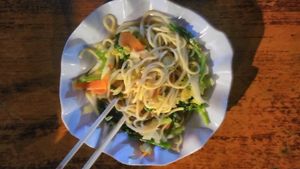 Fried fresh pulled noodle with vegetables at Ecran Noodles in Kampot