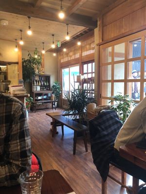 Interior. Vegan cereal and milk sold by the counter at Cafe Nature in Kurashiki