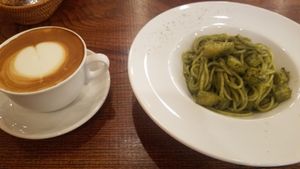 pasta genovese and soy latte at Cafe Nature in Kurashiki
