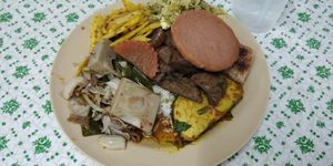 Rice, curries (tofu, jackfruit, etc.), fake meats - 120 Baht at Vegetarian Food - Amphoe Thalang in Phuket