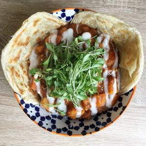 Lentil,sweet potato and chickpea madras with mash and paratha at BBVegan in Chichester