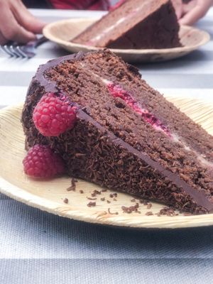 Chocolate and Raspberry Cake
Moist and utterly delectable, made with spelt flour, almond meal, raw cacao, maple syrup and coconut oil.

DELICIOUS, MORISH, GOODNESS at BBVegan in Chichester