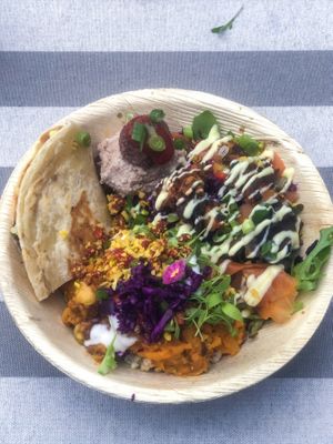 Bliss Bowl
A little taste of everything Shiara had to offer ,lentil madras,  Sambal, carrot lox, beet ball, vegan pate, buckwheat......the description does these flavours no justice!
 at BBVegan in Chichester