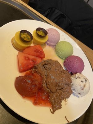 Dessert😍 The brown stuff is vegan chocolat mousse, and it tastes better then it looks!! at Spirit in Rotterdam