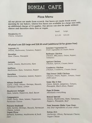 Vegan pizza options  at Bonzai Cafe in Greymouth