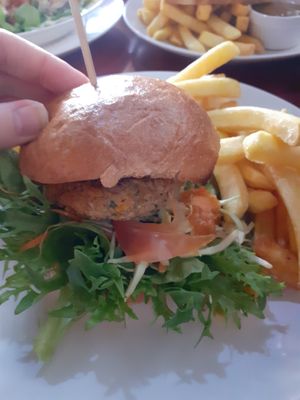 Vegan burger and fries! at Bonzai Cafe in Greymouth
