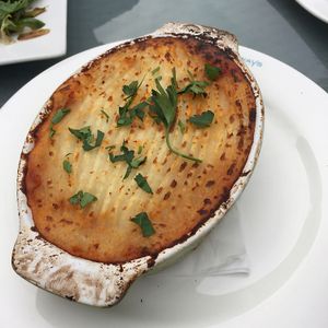 yum shepherds pie with vegan mince and lentils and potato topping at Hemingway's By The Bay in Outlying Islands