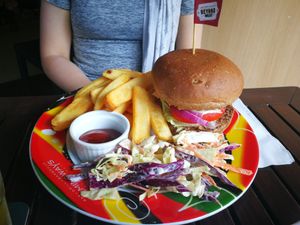 Burger with amazing beyond meat patty at Hemingway's By The Bay in Outlying Islands