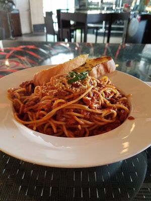Spaghetti bolognese is excellent at Hemingway's By The Bay in Outlying Islands