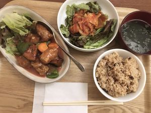 Sweet and Sour “pork" with rice and kimchi  at Veggie House in Chiba