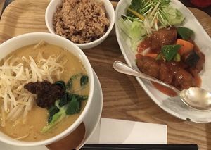 Tantanmen noodles and sweet and sour “pork”. Two of the best dishes on the menu!  at Veggie House in Chiba