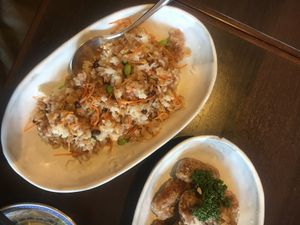 Vegan friend rice and fried “chicken”. at Veggie House in Chiba