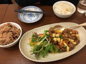 Soy chicken with cashews and baby corn at Veggie House in Chiba