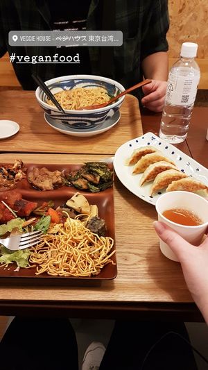 A lot of vegan options, all of them great, is cheap and the owners are kind and fun. at Veggie House in Chiba