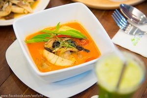 Thai Red Curry with Mixed Fruit and Seared Mixed Mushroom

Quantitatively delicious (for 2 pax): Energy 385 kcal | Fat 28 g (Saturated Fat 23 g, Cholesterol 0 g) | Carbohydrate 36 g (Fibre 7 g, Sugar 20 g) | Protein 8 g | Sodium 448 mg

Qualitatively enjoyable: In addition to various kinds of seared mushrooms, our Thai red curry has a fruity touch of tomatoes, raisin and pineapple that make this dish more delicious. This dish contains coconut-derived, saturated fats. However, the majority of them are medium-chain triglycerides (MCT) that can be easily absorbed and then utilised rapidly.

135 THB at Tonklar Facai - Siriraj in Bangkok