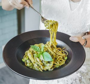 Pesto Spaghetti with Perilla Seed at Tonklar Facai - Siriraj in Bangkok