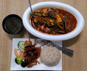 Signature Assam Fish with Roasted Chicken brown rice at D'life 蔬食 - Toa Payoh  in Central Singapore