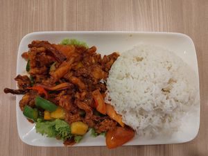 Sweet and sour abalone mushroom with rice $8.00 at D'life 蔬食 - Toa Payoh  in Central Singapore