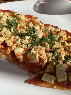 Flatbread with tomato sauce, basil and tofu.   at LAX - Golden Road Brewing - T6 in Los Angeles