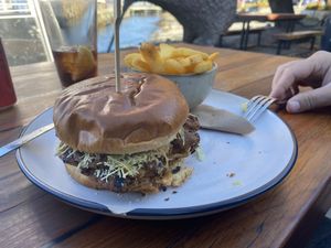Vegan burger with fries   at Atlas Beer Cafe in Queenstown