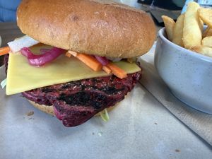 Beetroot & Chickpea Burger and fries   at Atlas Beer Cafe in Queenstown