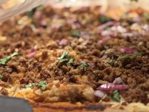 Closeup of the big big big squared pizza.   at VG Pizza in Mexico City