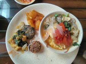 Vegan crab noodle and some vegan fried  food at Tu An in Hanoi