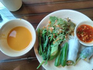 Pumpkin soup, vegs, salad and spring rolls at Tu An in Hanoi