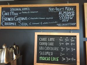 Espresso drink menu. Vegan milk options.  at Uncommon Grounds in Grand Rapids