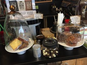 Vegetarian muffins, dessert bread, chocolate covered espresso beans.  at Uncommon Grounds in Grand Rapids