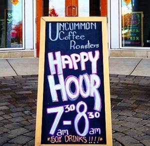 Happy Hour 7:30am-8:30am 50% off drinks at Uncommon Grounds in Grand Rapids