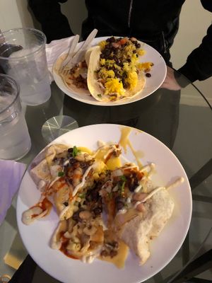 Smothered Chili Mac Burrito and Dos Tacos at Wildflower Vegan Co in Casselberry