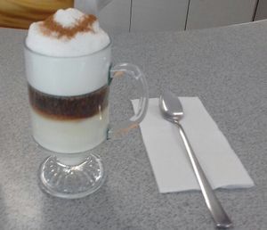 Vegan latte macchiato  at Coffee Break in Oranjestad