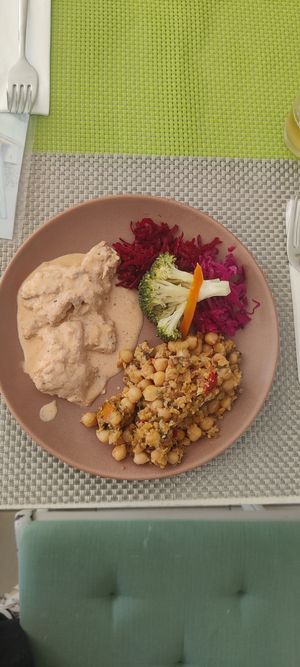 tofu com natas, grão com broa. at Kansha in Fatima