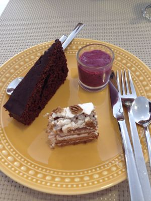 Dessert trio: chocolate cake, berry mousse and cookie cake at Kansha in Fatima