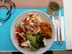 Lentil stew, tofu strogonoff with shitake mushrooms  and  kale at Kansha in Fatima