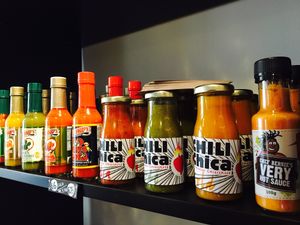 Selection of hot sauces at Crazy Bastard in Berlin