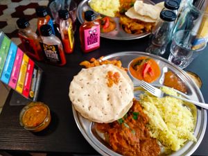 Vegan curry, with array of their homemade salsas (from mild to super hot). at Crazy Bastard in Berlin