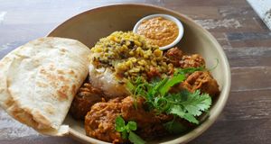 Lamb curry - a lot of side dishes included to accompany the yummy curry at Cafe Nowa in Petersham