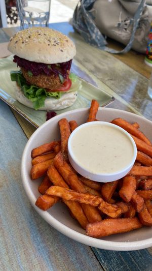 The OG burger and the sweet potato fries with vegan Mayo   at Cafe Nowa in Petersham